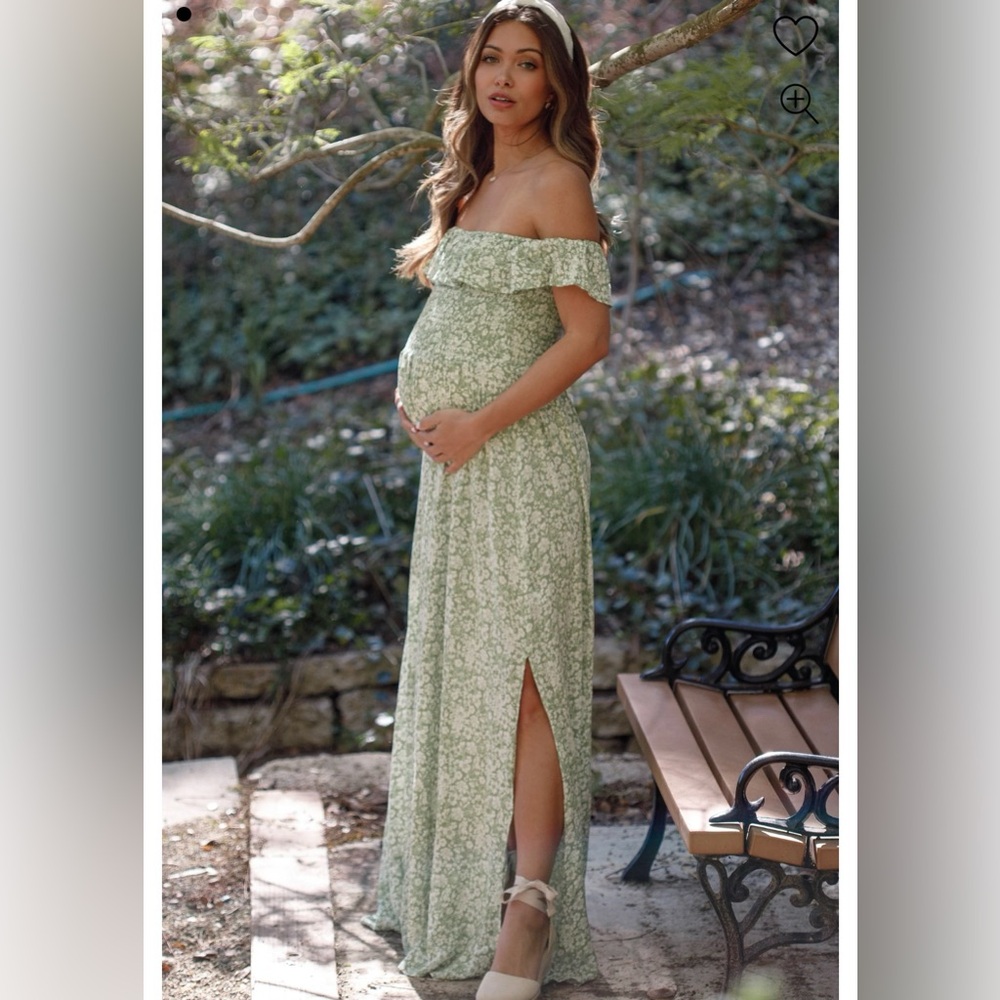 Green Floral Ruffle Off Shoulder Maternity Maxi Dress